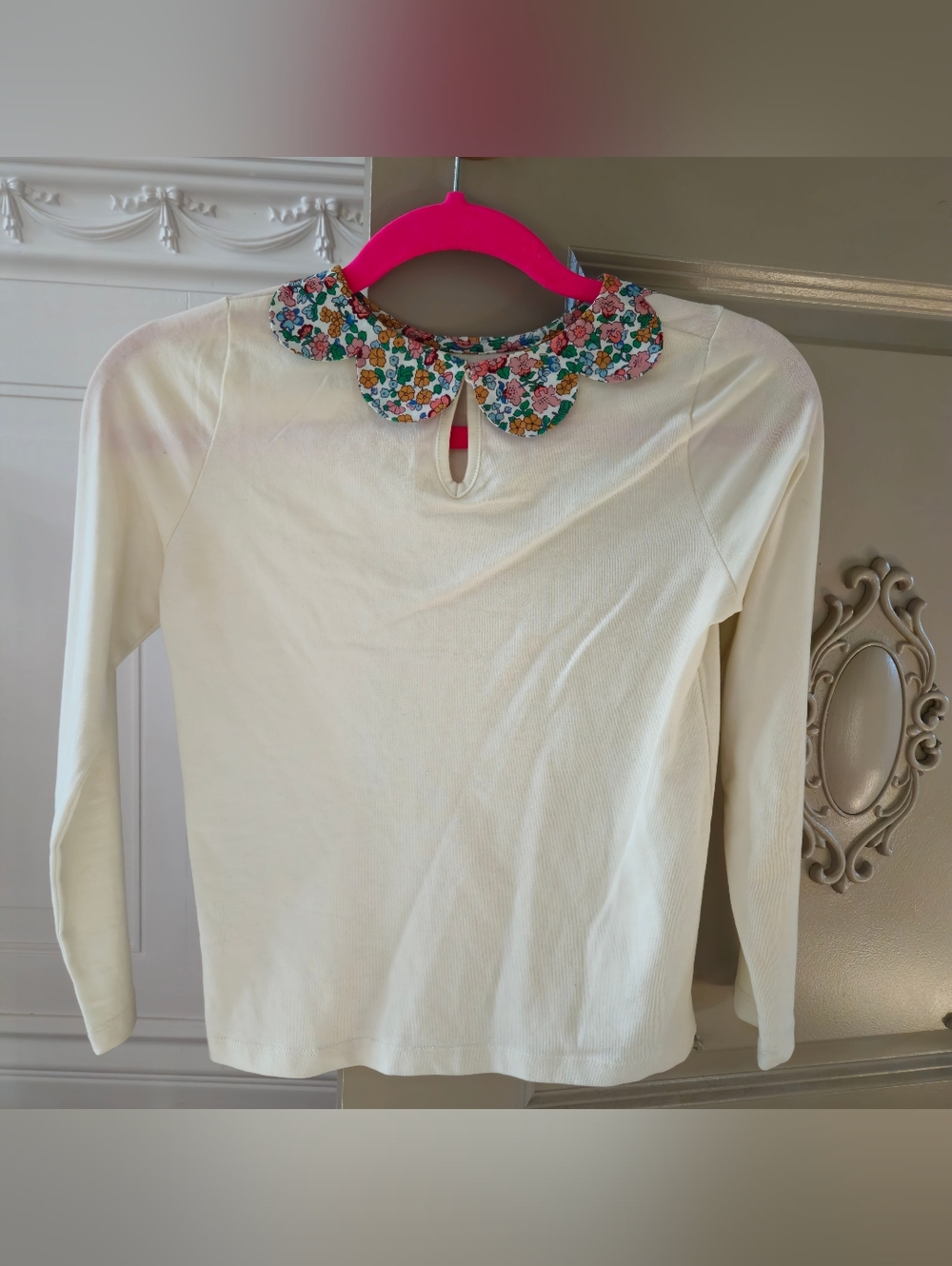 Mini Boden Floral Cream Top with Pink Accent